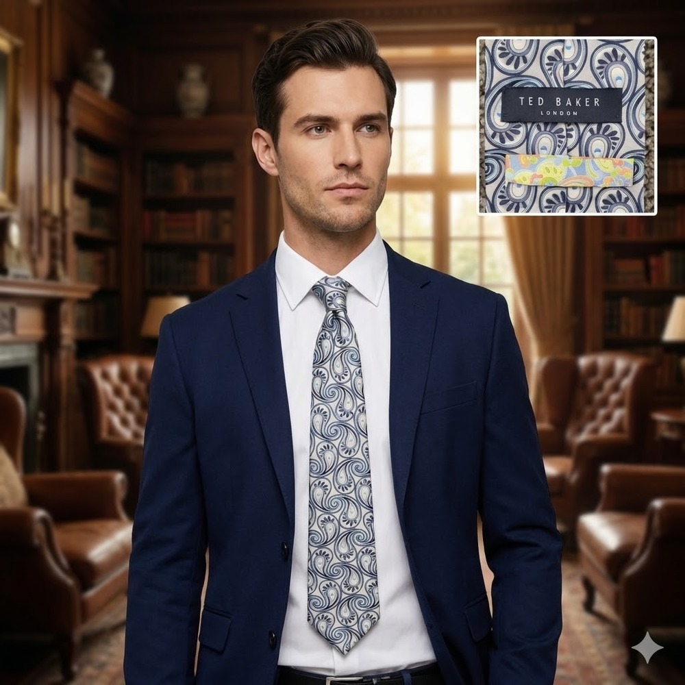 Ted Baker London Mens Silk‎ Tie Blue Navy Silver Paisley Swirl Made in USA